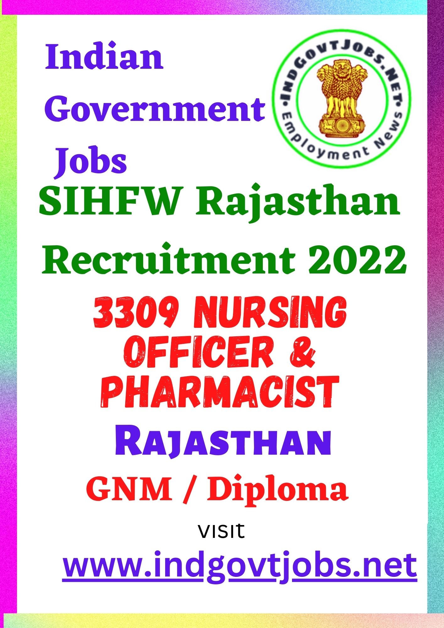 SIHFW Rajasthan Recruitment - 3309 Nursing officer & Pharmacist Best Job Vacancy 2022