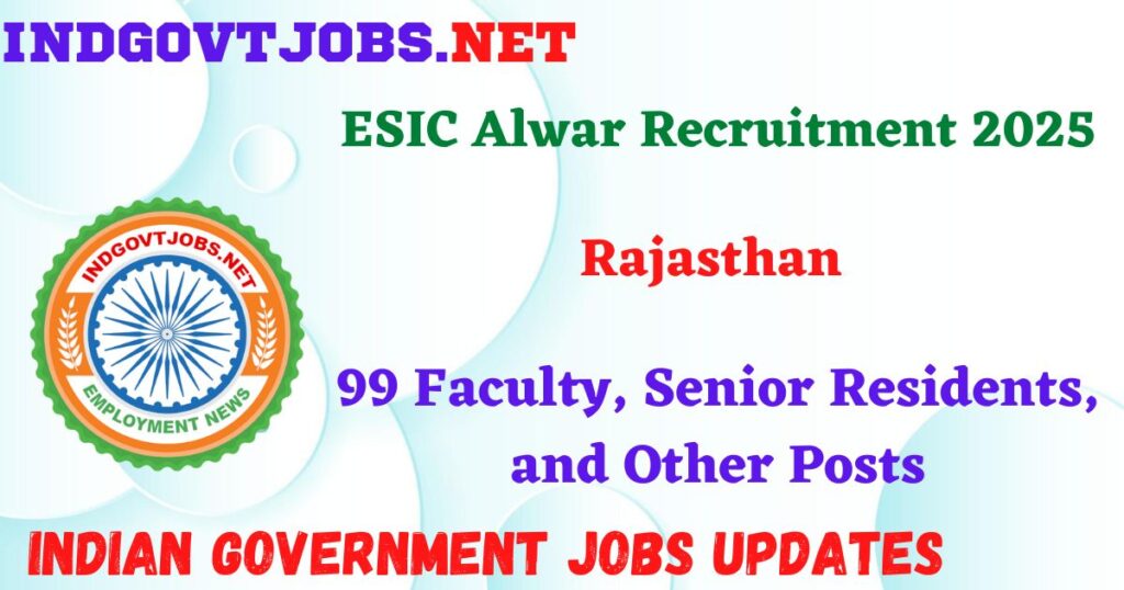 ESIC Alwar Recruitment 2025 - 99 Faculty, Senior Residents, and Other Posts IndGovtjobs